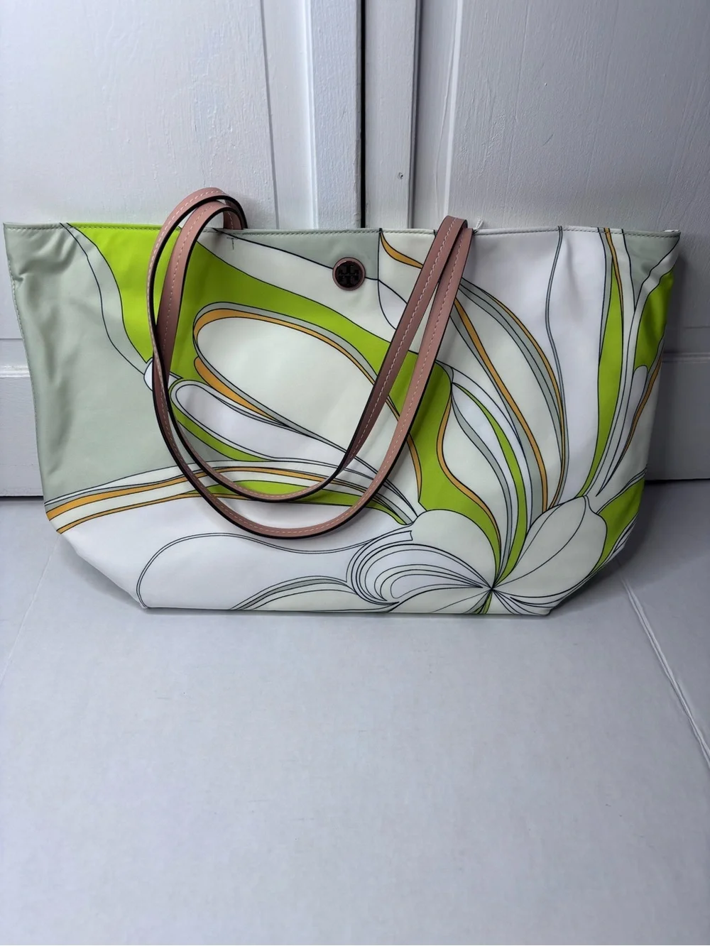 New TORY BURCH Floral Green Abstract Printed Nylon Zip Tote Bag